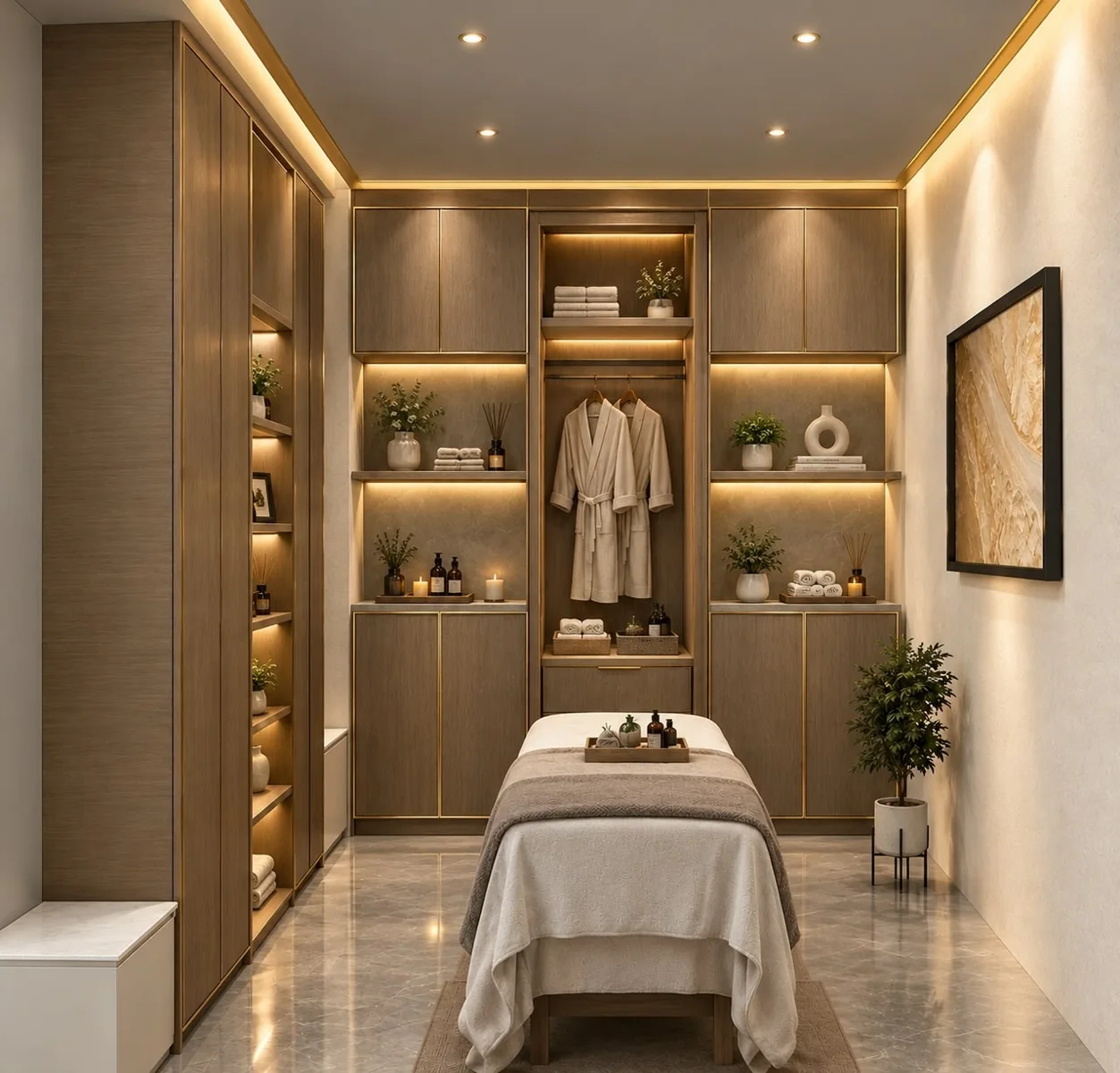 Massage room: open robe niche and coordinated fitted storage. design concept.