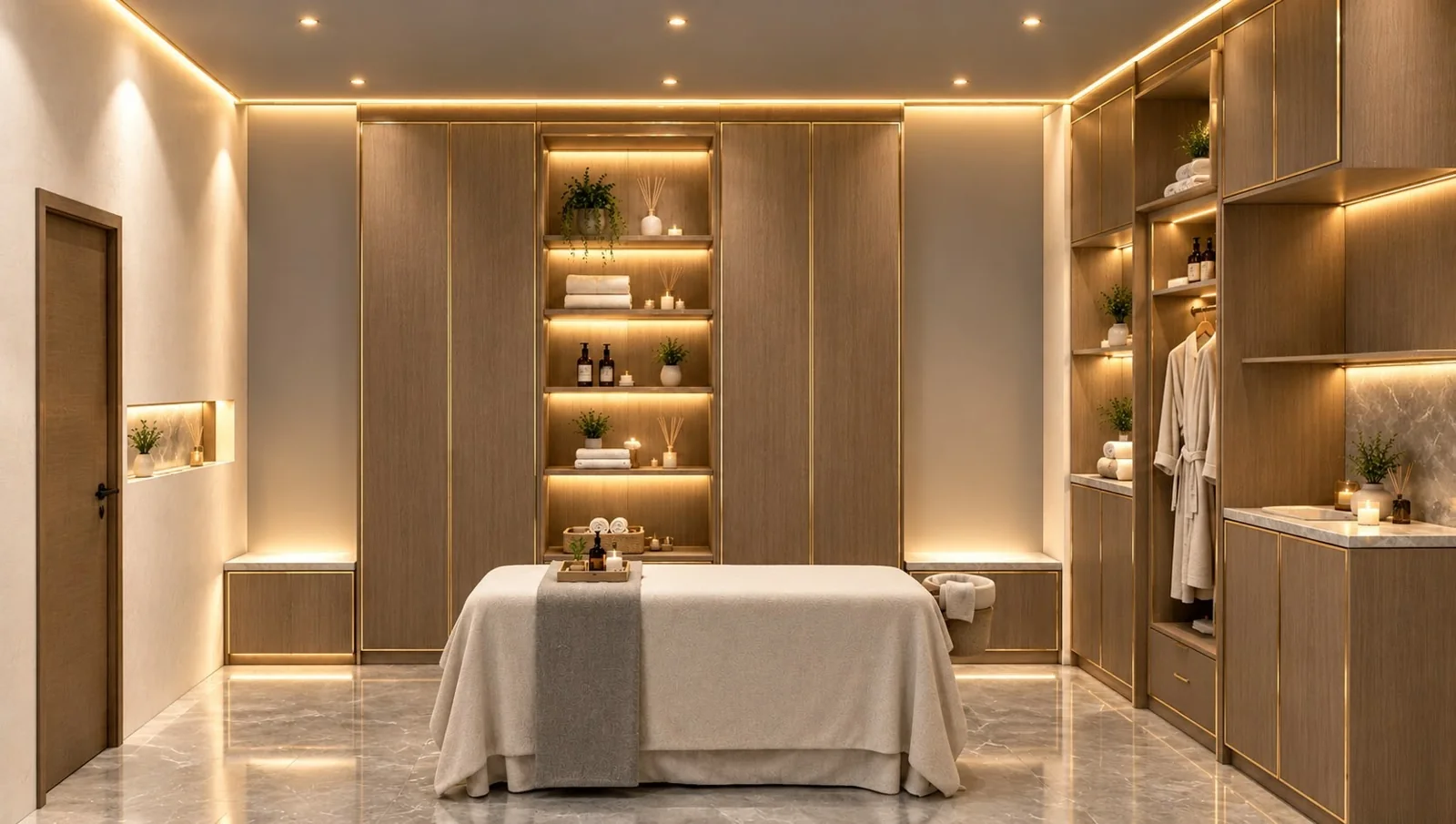 Massage room: proposed treatment setting with soft integrated lighting. design concept.