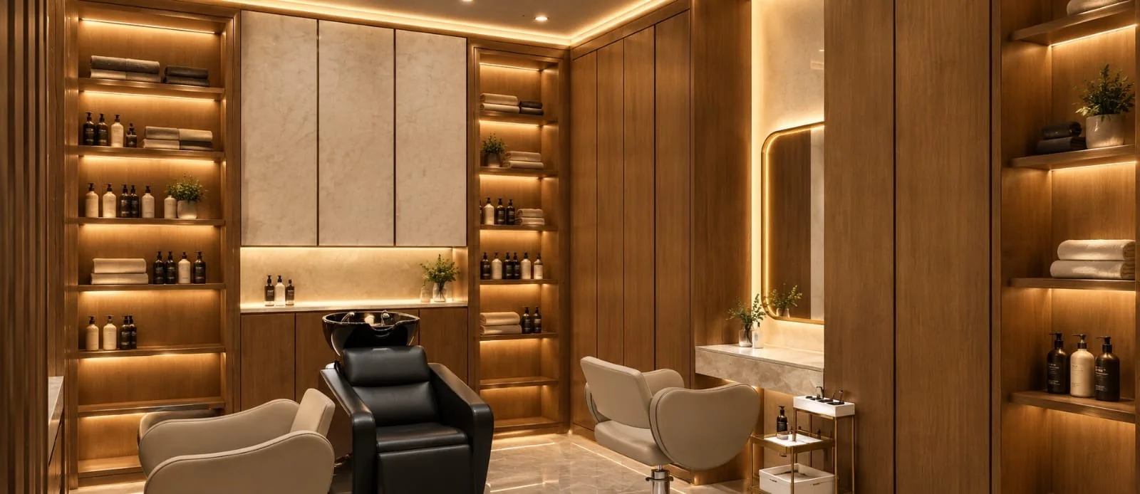 Proposed private salon interior at Sheikh Theyab Villa, with timber cabinetry and warm integrated lighting. design concept.
