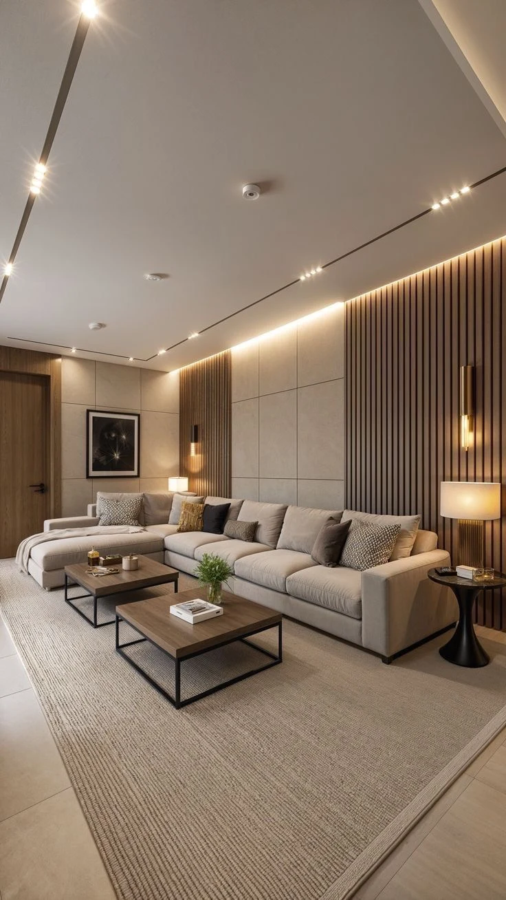 Timber wall panelling and layered lighting in a living-room concept.