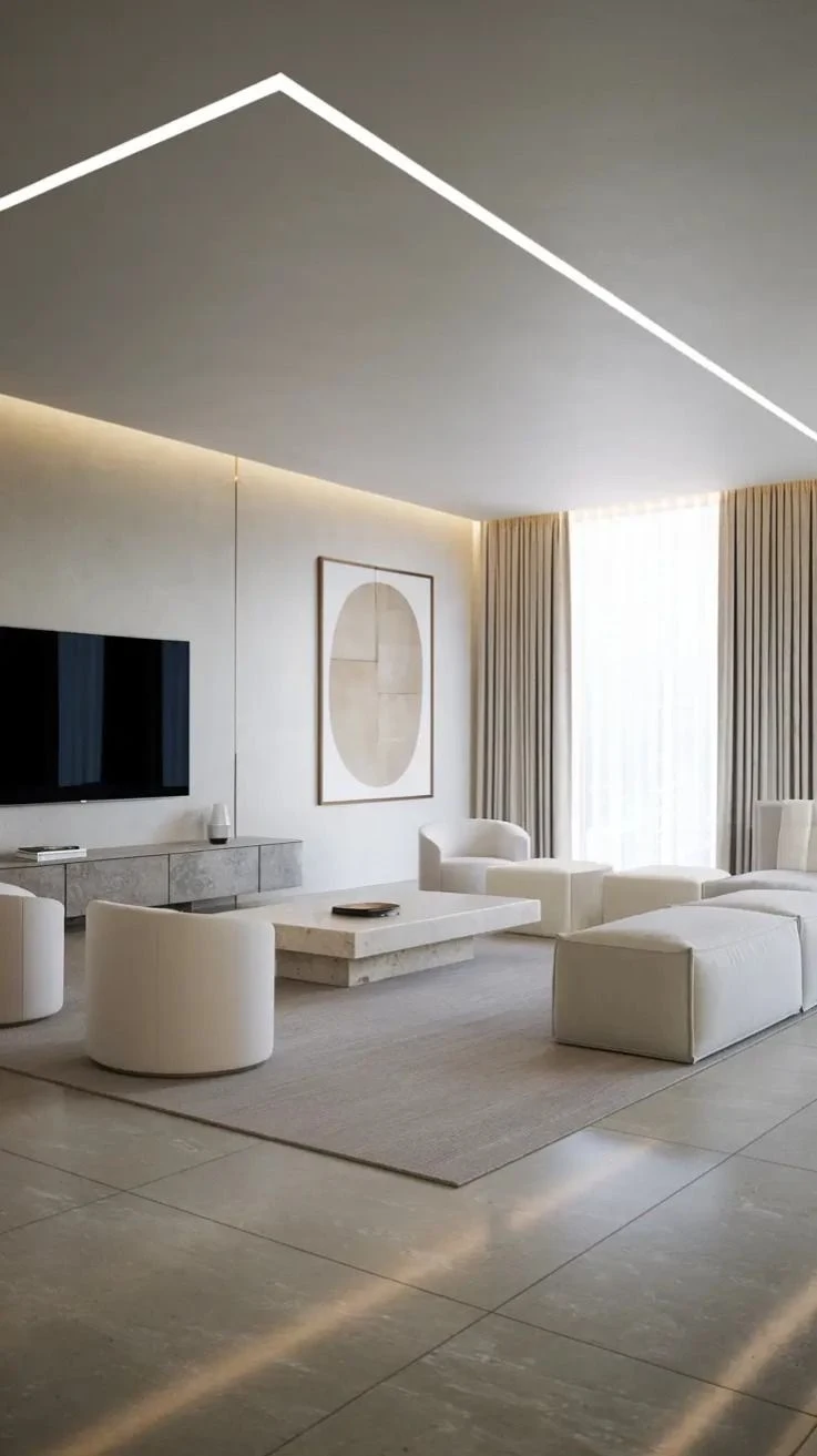 Pale upholstery, a low stone table and linear ceiling lighting.