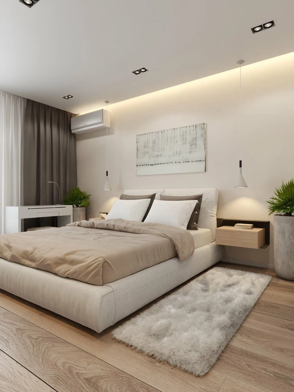 An upholstered bed, timber bedside units and pendant lighting.
