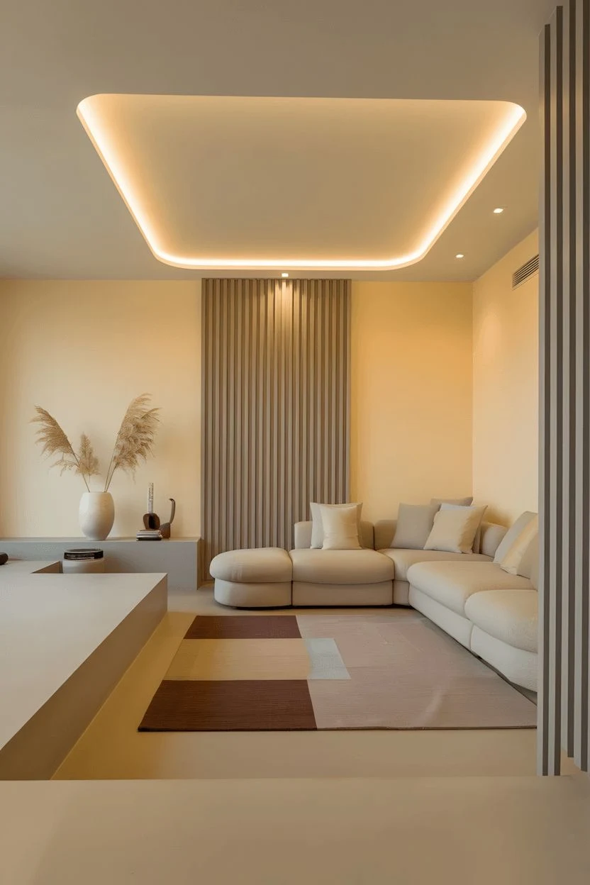A living-room concept with curved seating and recessed light.