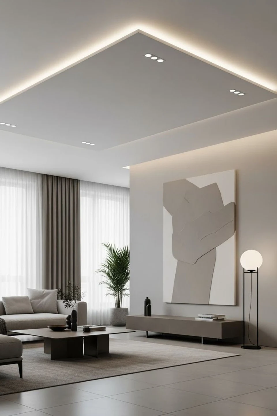 A calm living-room concept with a sculptural wall feature.