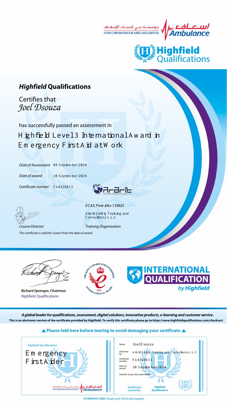 Highfield Emergency First Aid at Work certificate awarded to Joel Dsouza