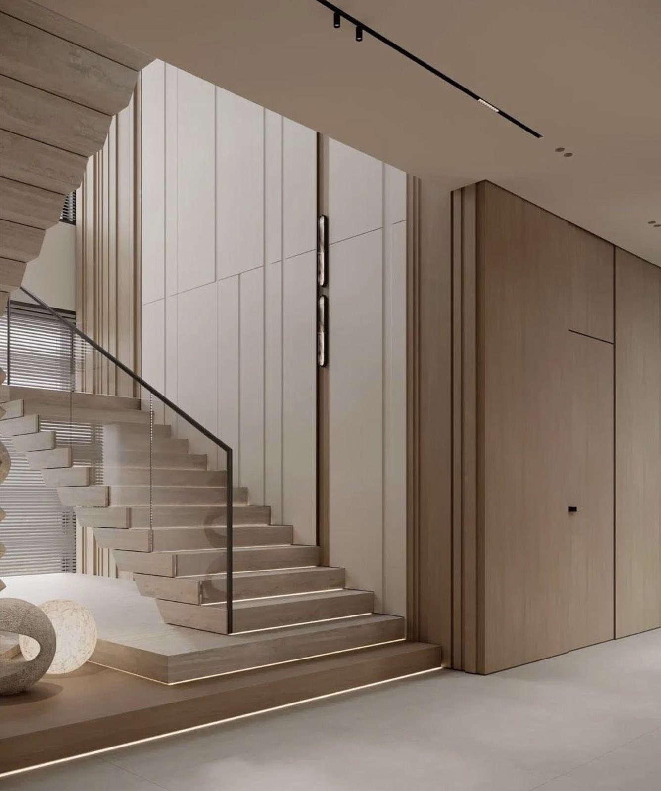 Luxury villa interior with sculptural staircase